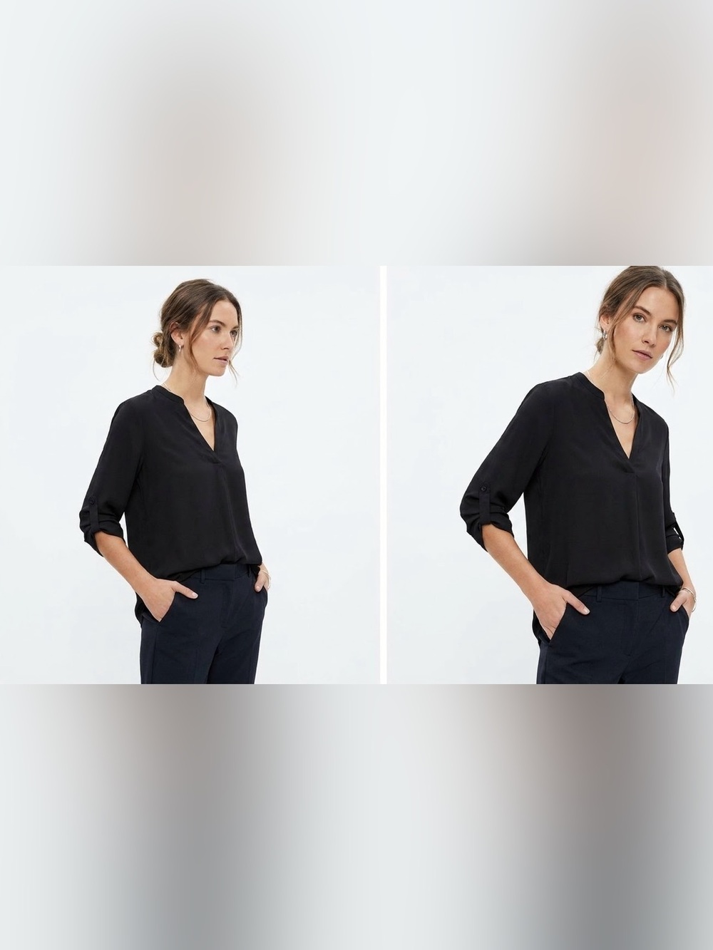 Premise Woman $48 P2P 24-26”L 30” Black Roll-Tab Sleeve V-Neck Blouse Size 1X
